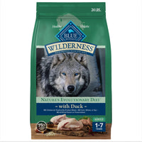 Blue Buffalo Wilderness Natural High-Protein Dry Food for Adult Dogs, with wholesome grains, Duck, 24-lb Bag.